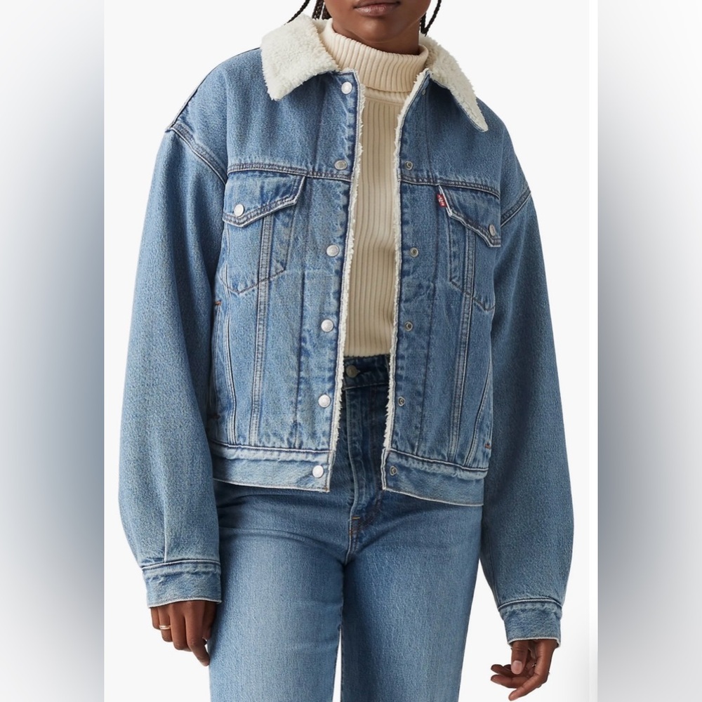 NWOT Levi's Blue Denim Jacket with White Sherpa Lining